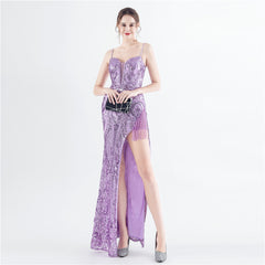 Handmade Beaded Flower Sequined Fishbone Evening Strap Party Dress