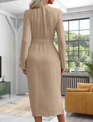 Women's Solid Color Polo Collar Lace-up Waist Long Dress