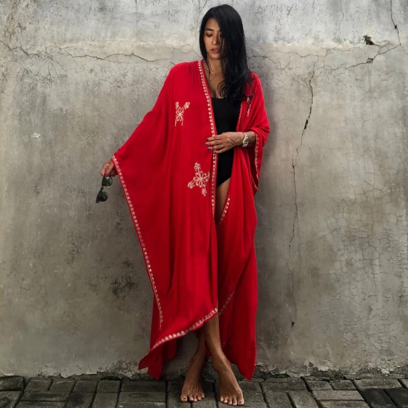 Rayon Embroidered Holiday Sun Protection Cardigan Beach Cover Up Top