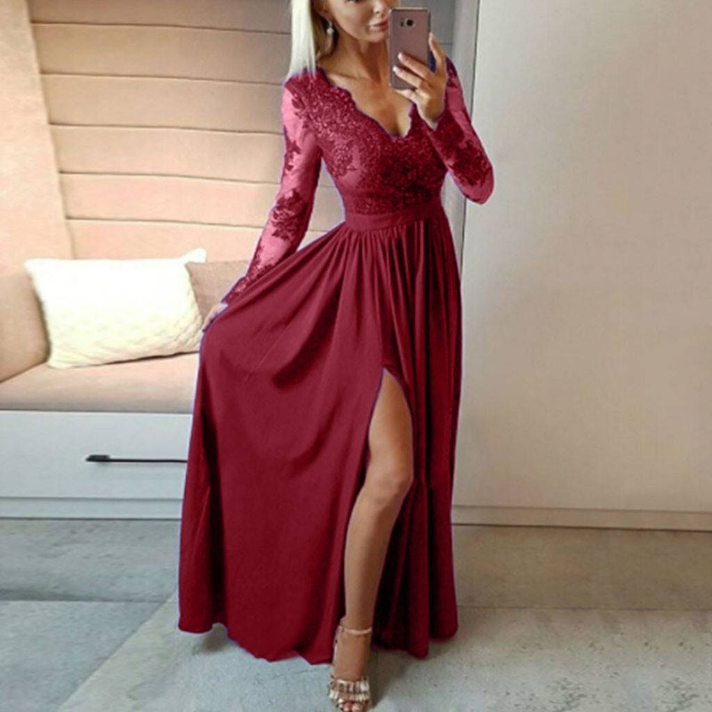 Women V-neck Sexy Lace Elegant Wedding Party Long Sleeve Dress