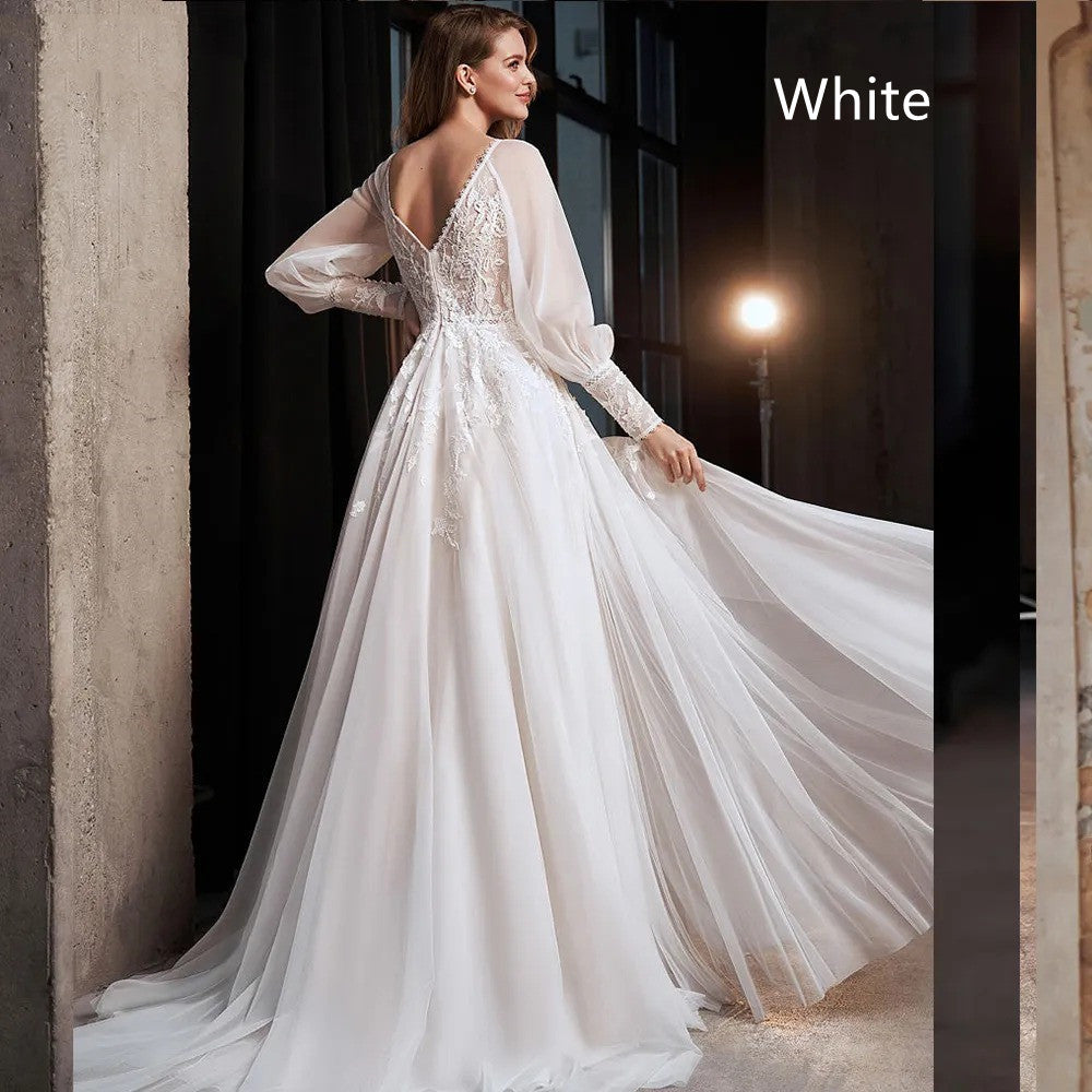 Long Puff Sleeve Tulle Wedding Dress With Side Slit A-Line Floor-length Lace Bridal Gown