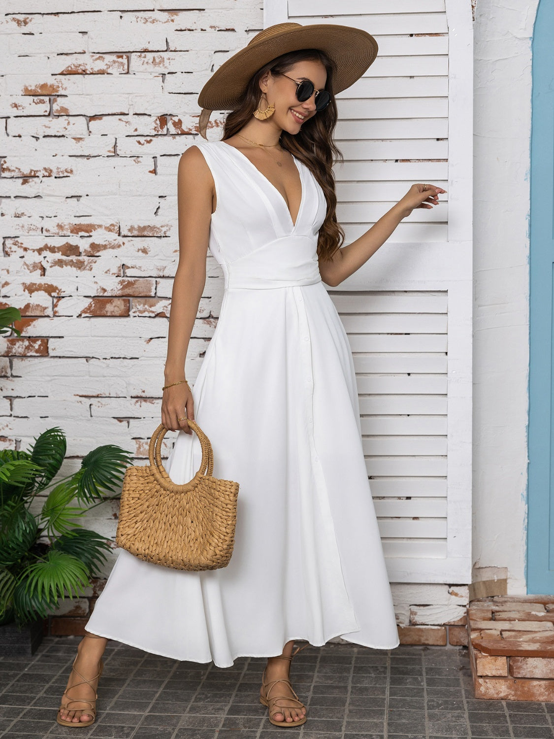 Full Size Slit V-Neck Sleeveless Midi Dress - Taboochic