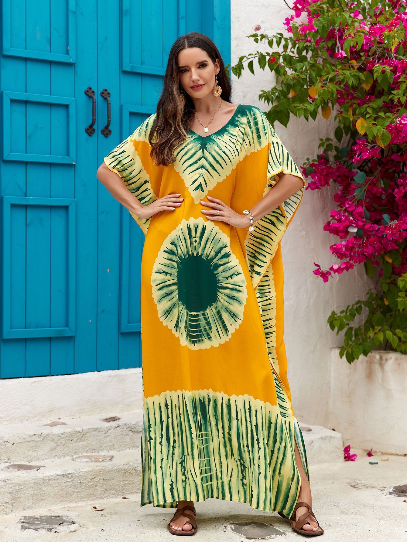 Rayon Printed V-neck Long Skirt Holiday Dress