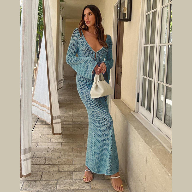 Solid Color Knitted Hollow-out Blouse Sun-proof Long Sleeve Dress