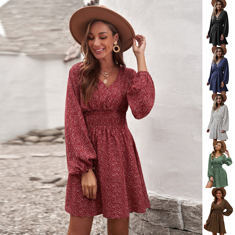 Polka Print Long Sleeve V Neck Lantern Pleated Waist Slim A-line Mini Dress