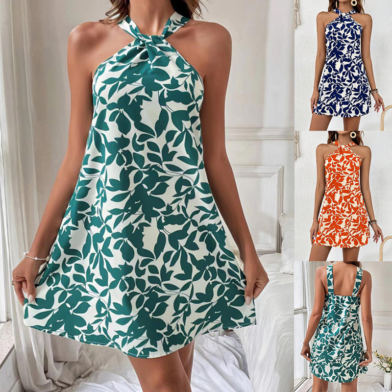 Fashion Leaf Print Halterneck Sexy Backless Short Dress