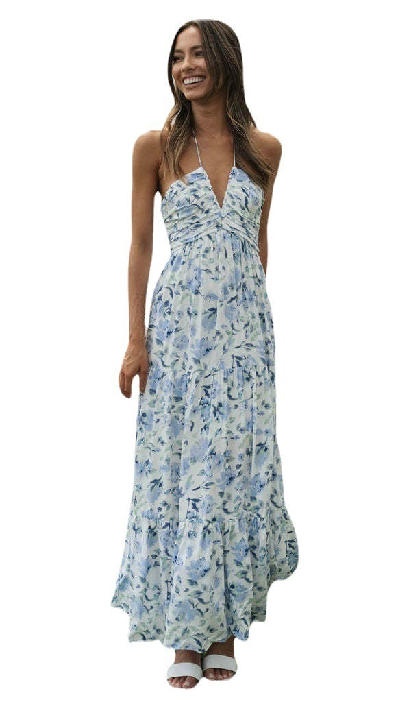 Chiffon V-neck Sleeveless Long Patchwork Strap Dress