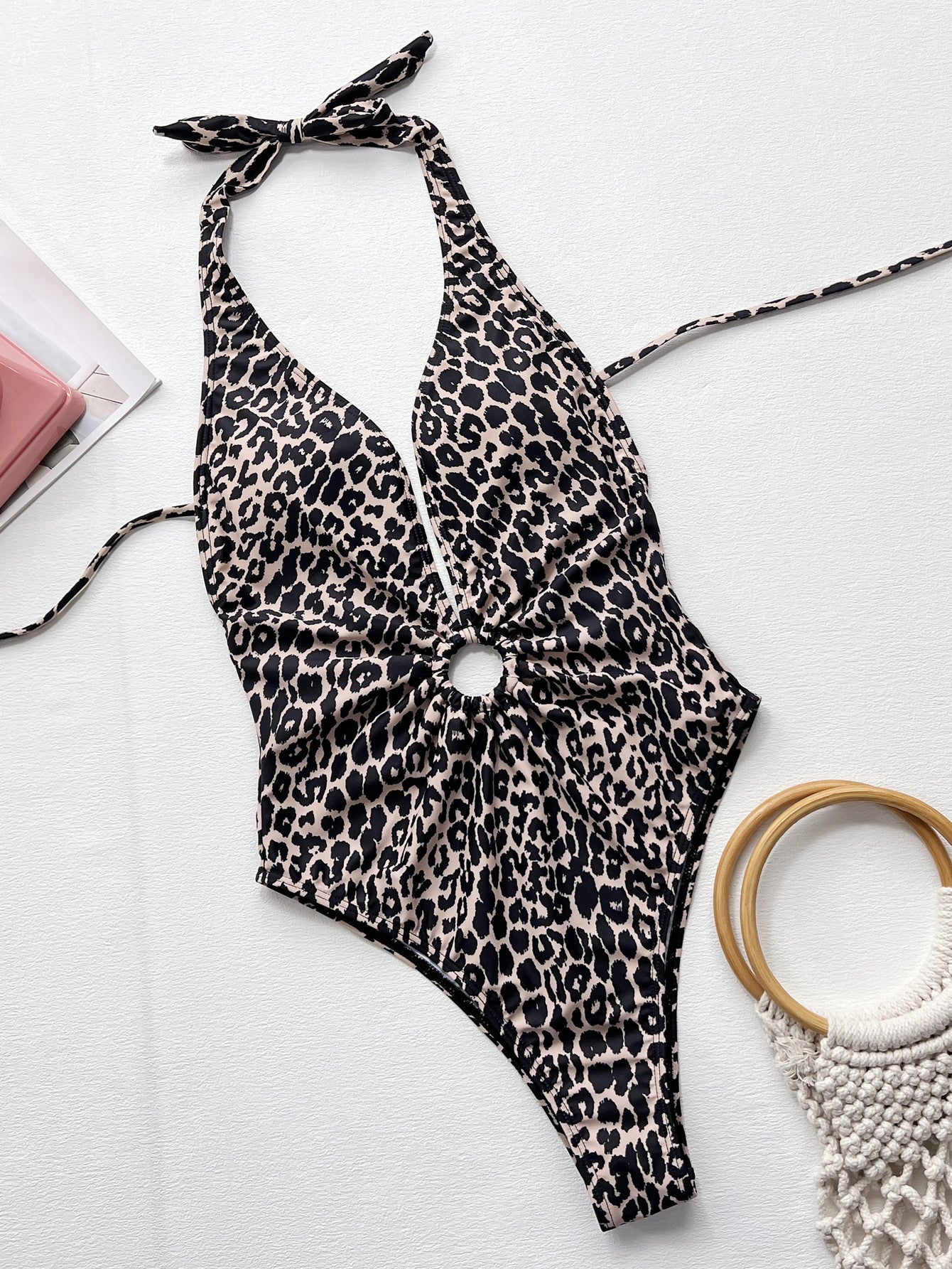 Leopard Halter Neck Ring Detail One-Piece Swimsuit - Taboochic