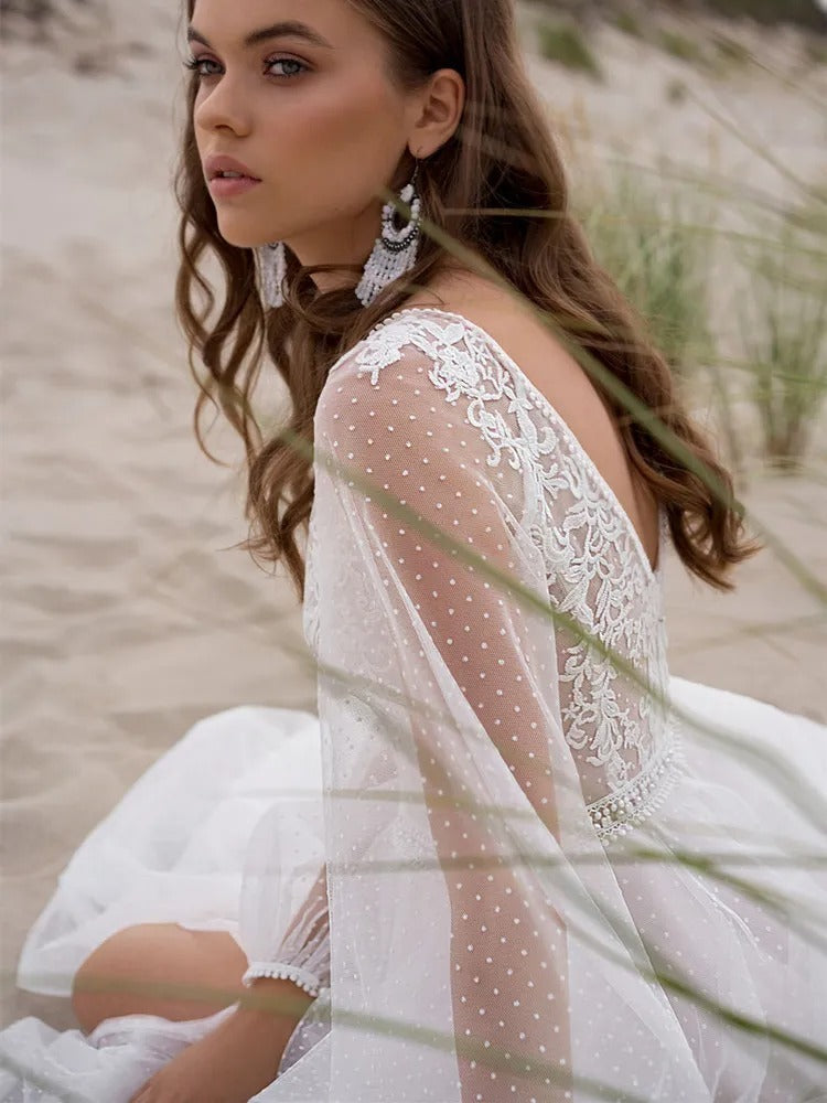 Beach Boho V-Neck Tulle Wedding Long Dress