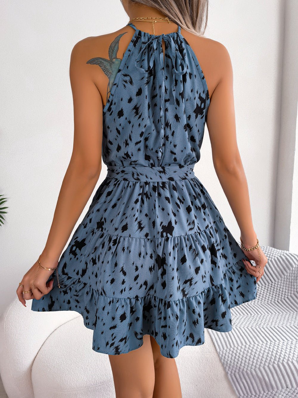 Halter Neck Printed Tie Waist Sleeveless Mini Dress - Taboochic