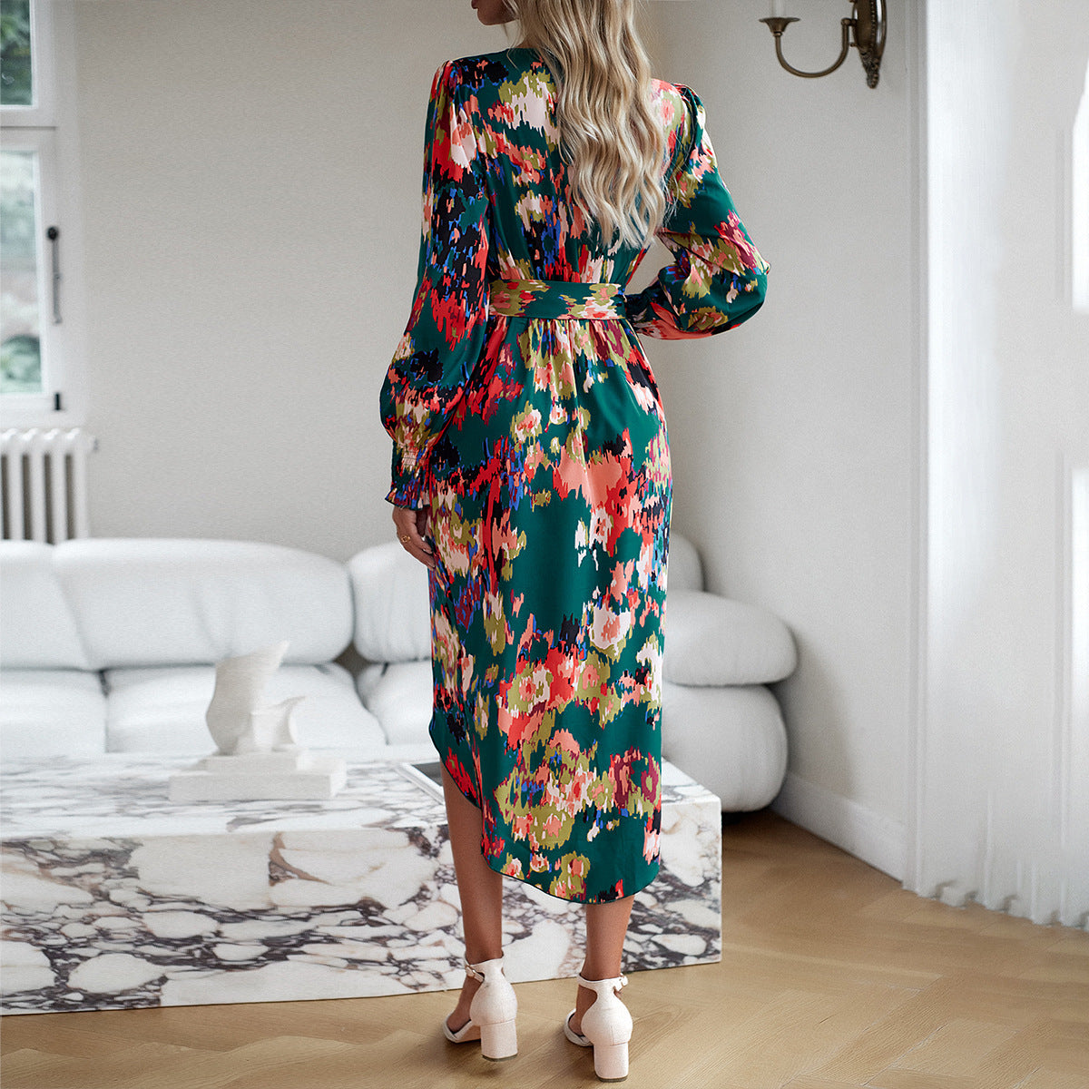 Printed Autumn Winter Elegant V-neck Long Sleeve Dress