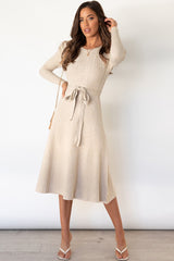 Round Neck Long Sleeve Tie Waist Sweater Dress - Taboochic