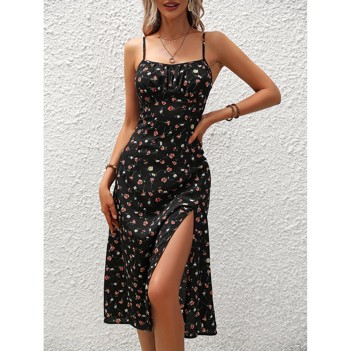 New Polka Dot Print Suspender Strap Midi Dress