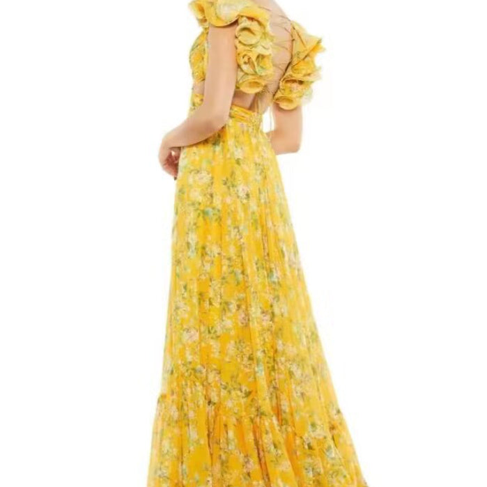 Women's Cut-out Ruffled Sleeveless Waist-controlled Hem Dress