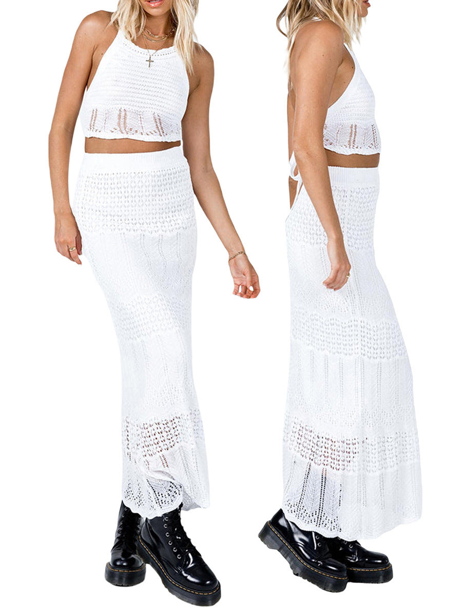 Top High Waist Skirt Two-piece Summer Knitted Beach Vacation Suit