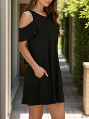 Round Neck Cold Shoulder Mini Dress - Taboochic