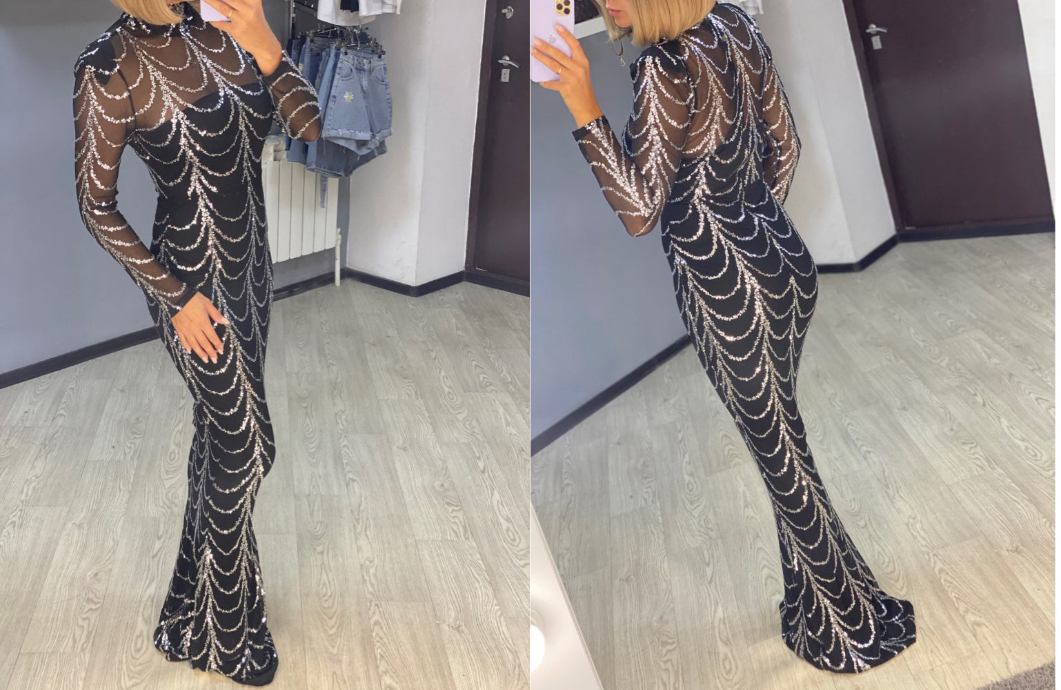 Sequins Women Maxi Dresses Long Sleeve Female Party Dress