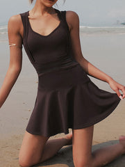 V-Neck Wide Strap Active Dress with Unitard Liner - Taboochic