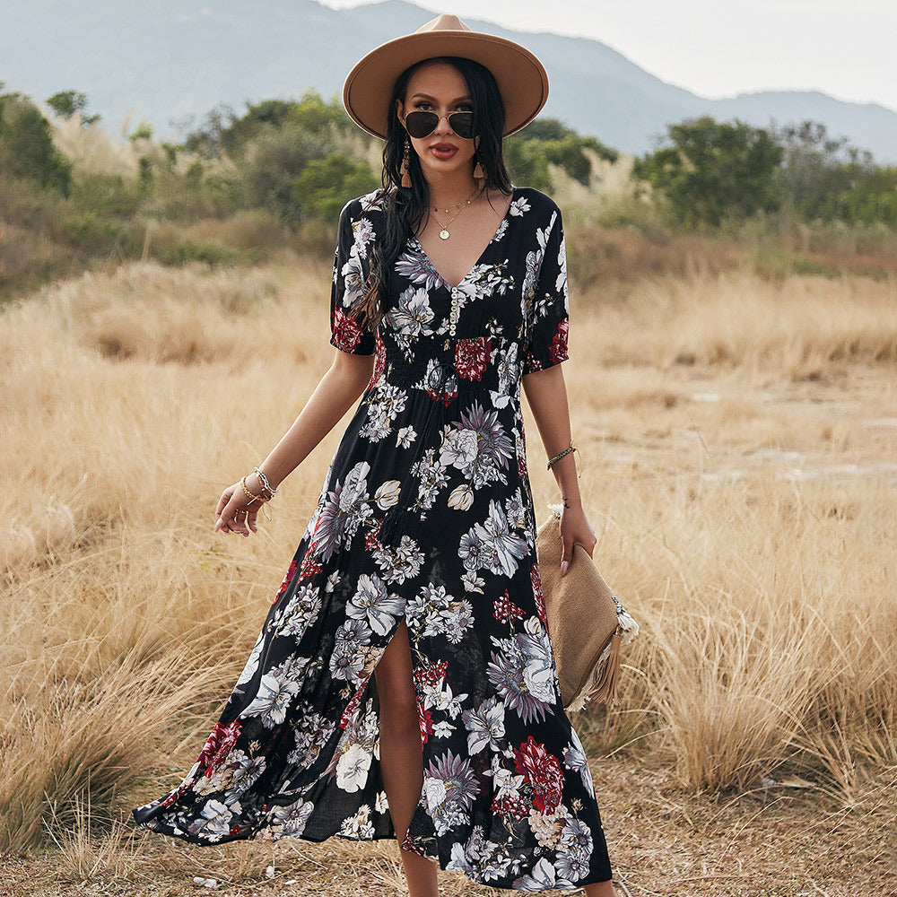 Floral V Neck Elastic Waist  Midi Dress