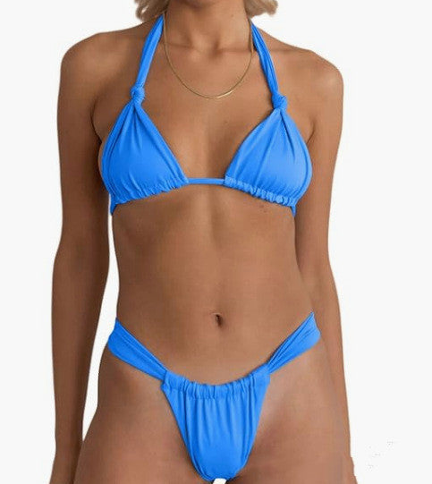 Bikini Pleated Split Strap Pure Color And Knotted Bikini Set