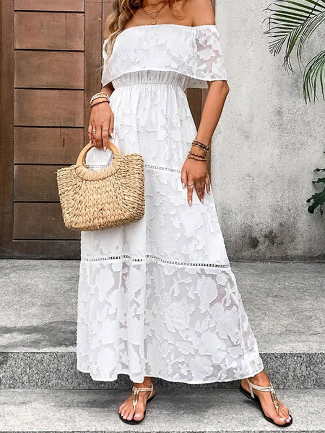 Off-Shoulder Short Sleeve Maxi Dress - Taboochic