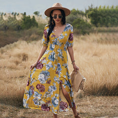 Floral V Neck Elastic Waist  Midi Dress