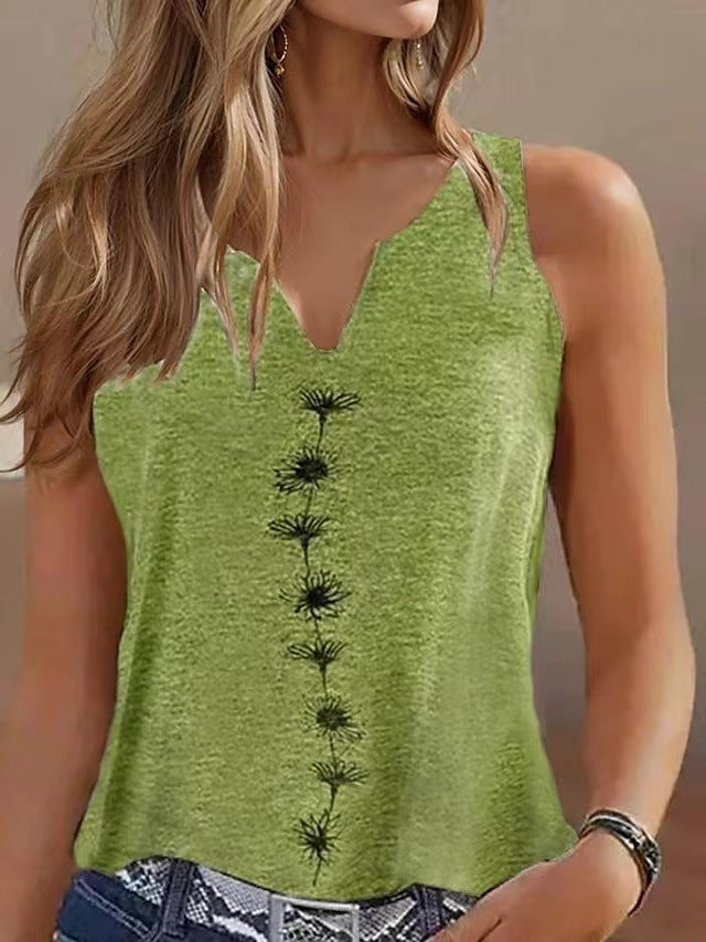 Casual Loose V-neck S Print Sleeveless T-shirt Top