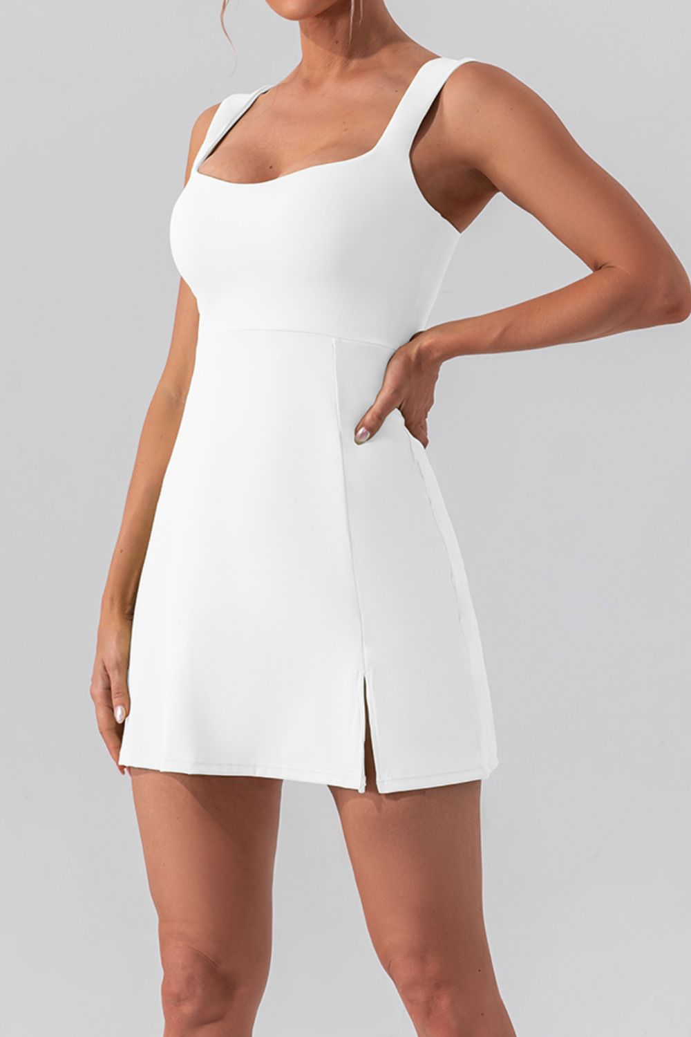 Square Neck Sleeveless Slit Mini Active Dress - Taboochic