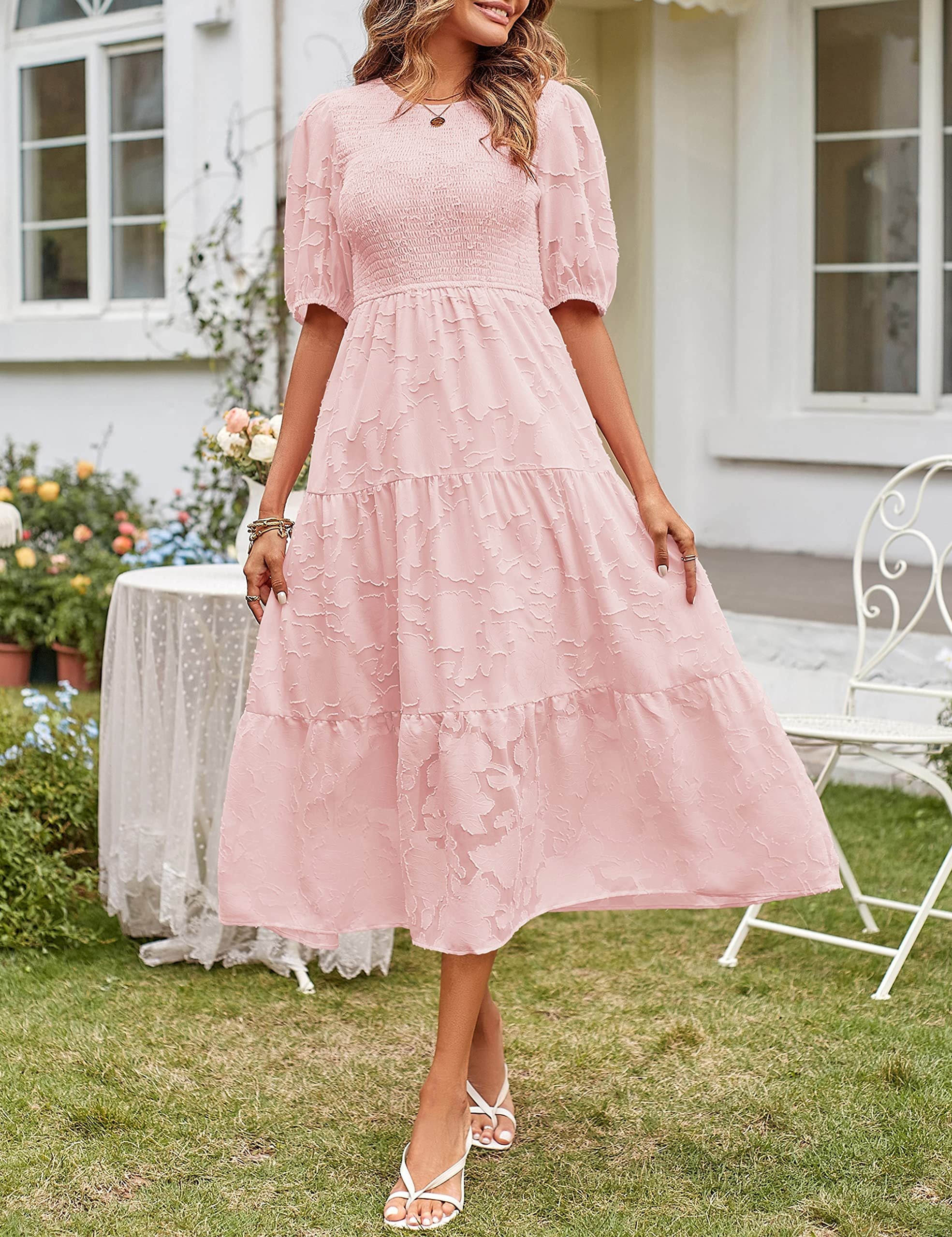 Floral Ruffle Puff Short Sleeve High Waist Midi Dress