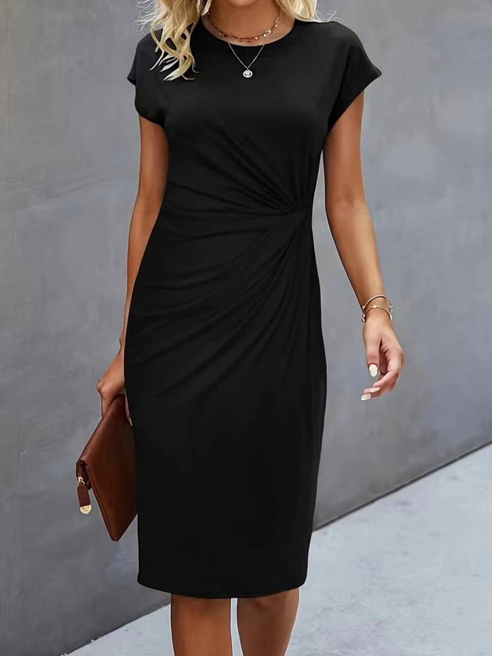 Women's Casual Tight Front Knot Round Neck Midi  Dress