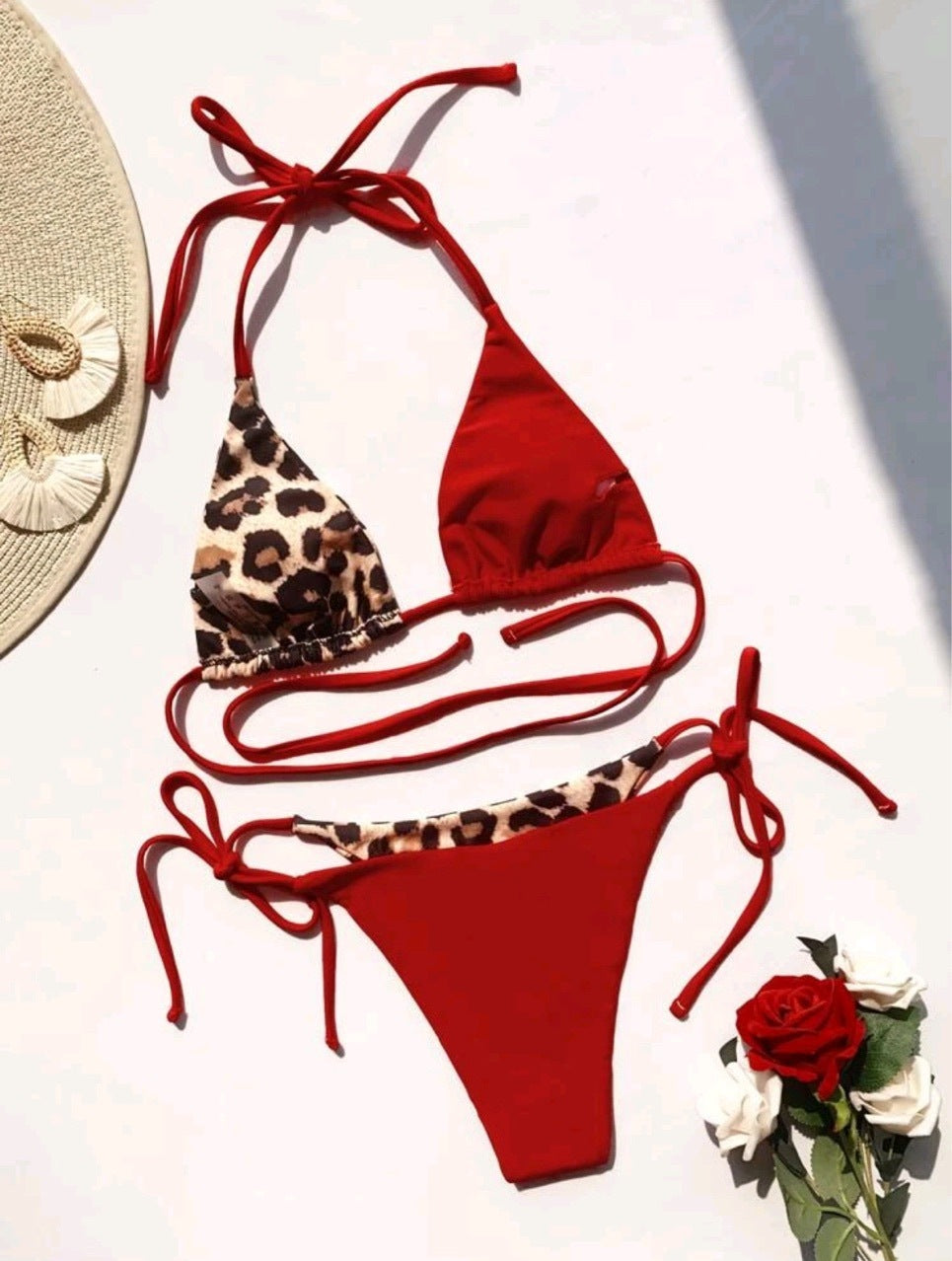 Women's Leopard Print Split Lace-up Bikini Suit