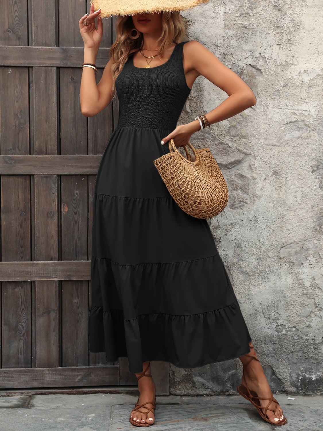 Smocked Scoop Neck Sleeveless Tank Dress - Taboochic
