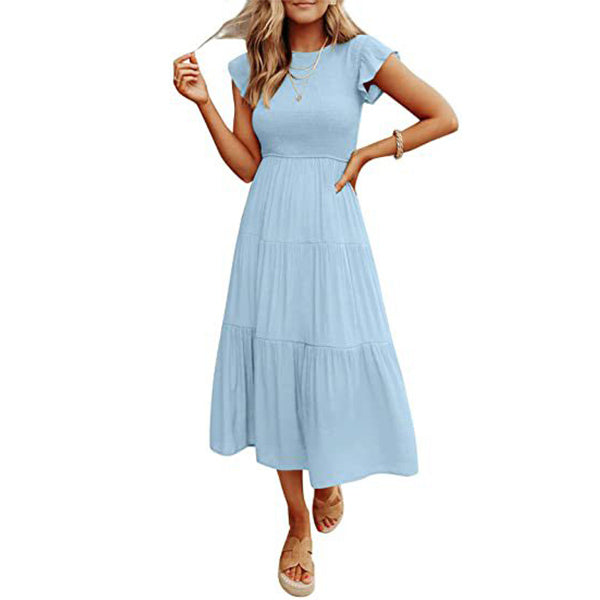 Holiday Style High Waist Ruffled Sleeve A-line Short Sleeve Midi Dress