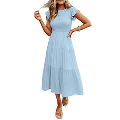 Holiday Style High Waist Ruffled Sleeve A-line Short Sleeve Midi Dress