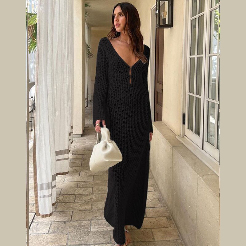 Solid Color Knitted Hollow-out Blouse Sun-proof Long Sleeve Dress