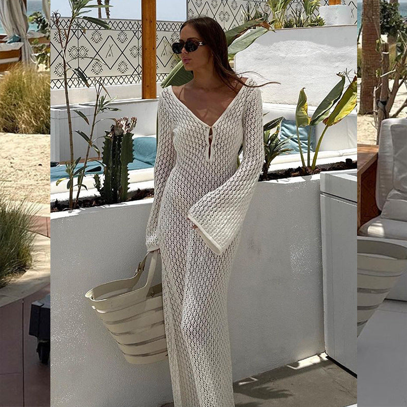 Solid Color Knitted Hollow-out Blouse Sun-proof Long Sleeve Dress