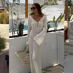 Solid Color Knitted Hollow-out Blouse Sun-proof Long Sleeve Dress