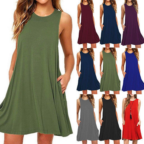 Summer Women Casual Pocket Sleeveless Midi Dress