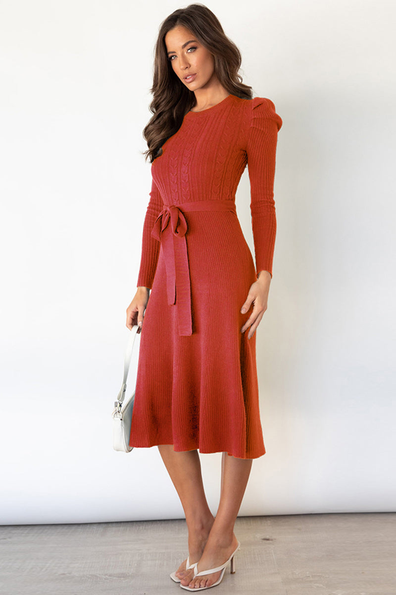 Round Neck Long Sleeve Tie Waist Sweater Dress - Taboochic