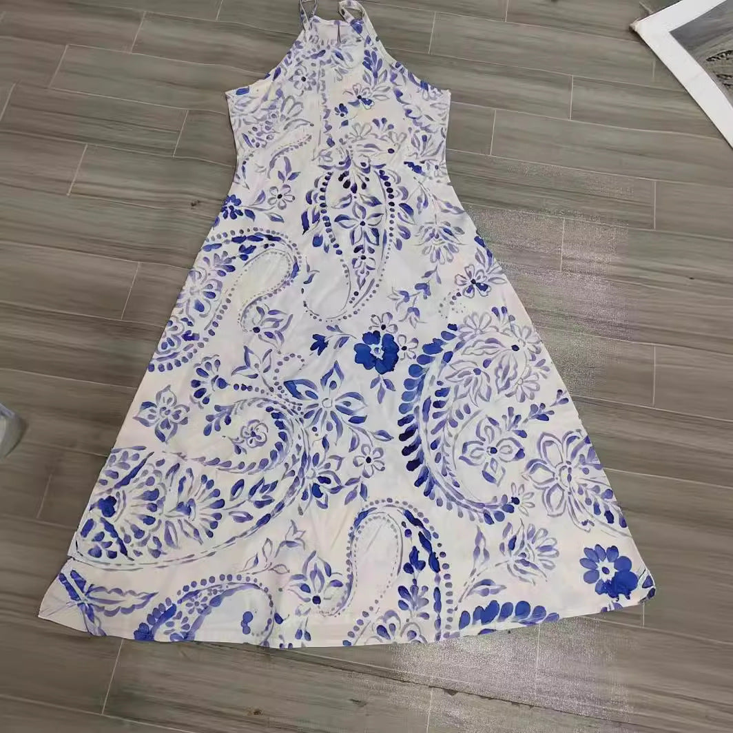 Women's Sleeveless Blue And White Porcelain Color Matching Round Neck Comfortable Dress