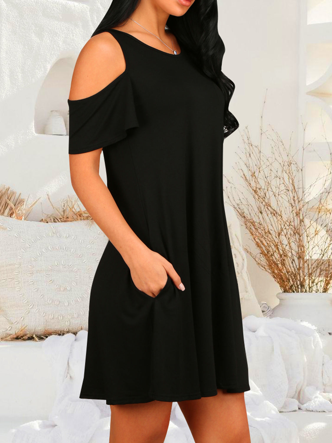 Round Neck Cold Shoulder Short Sleeve Dress - Taboochic