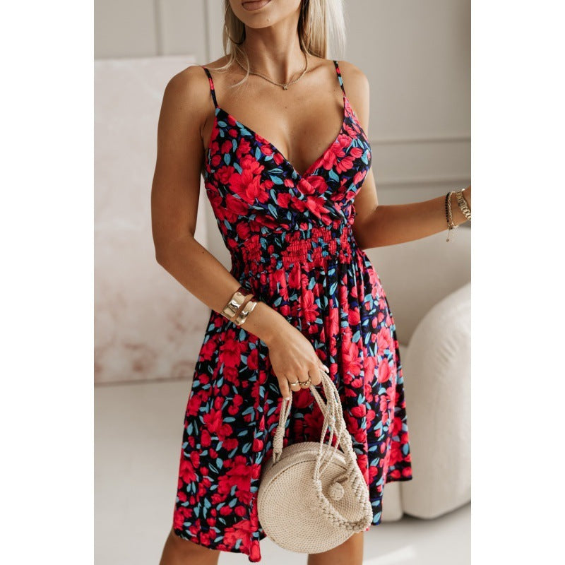 Fashion Flowers Print Suspender V-Neck Pleated Short Dress