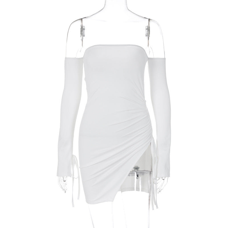 Women's Shoulder-baring Wrapped Chest Split Hip Mini Dress