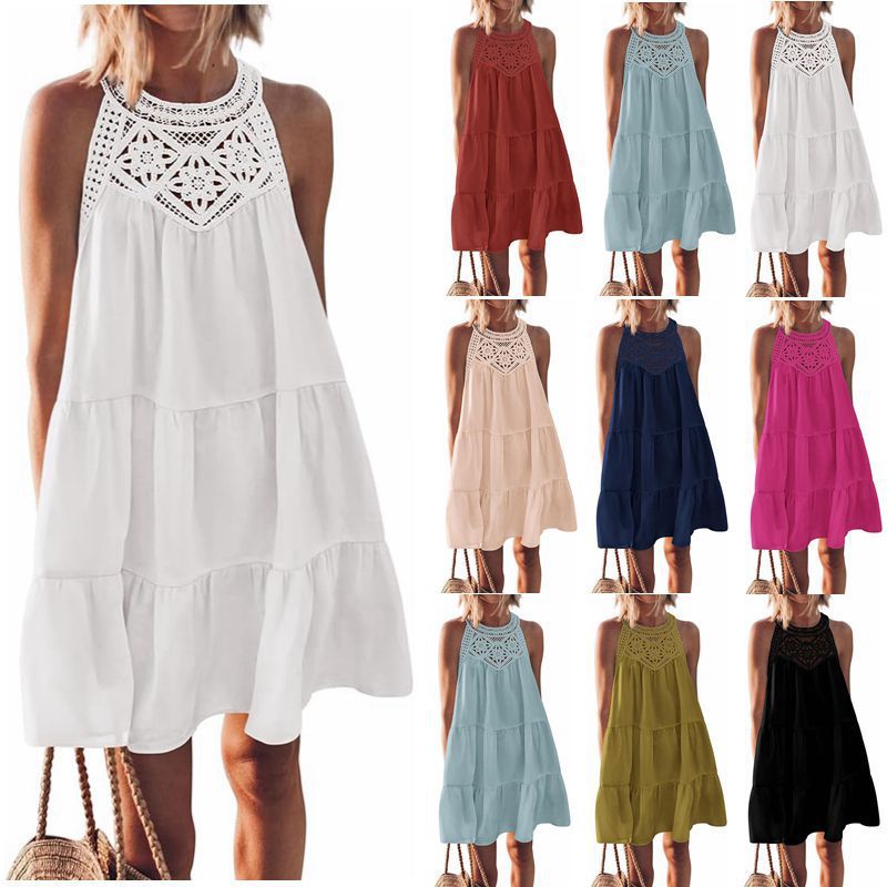 Summer Halterneck A-line With Flower Hollow Lace Design Sleeveless Dress