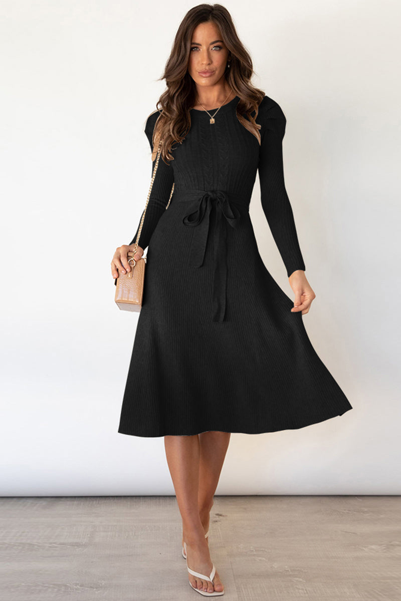 Round Neck Long Sleeve Tie Waist Sweater Dress - Taboochic