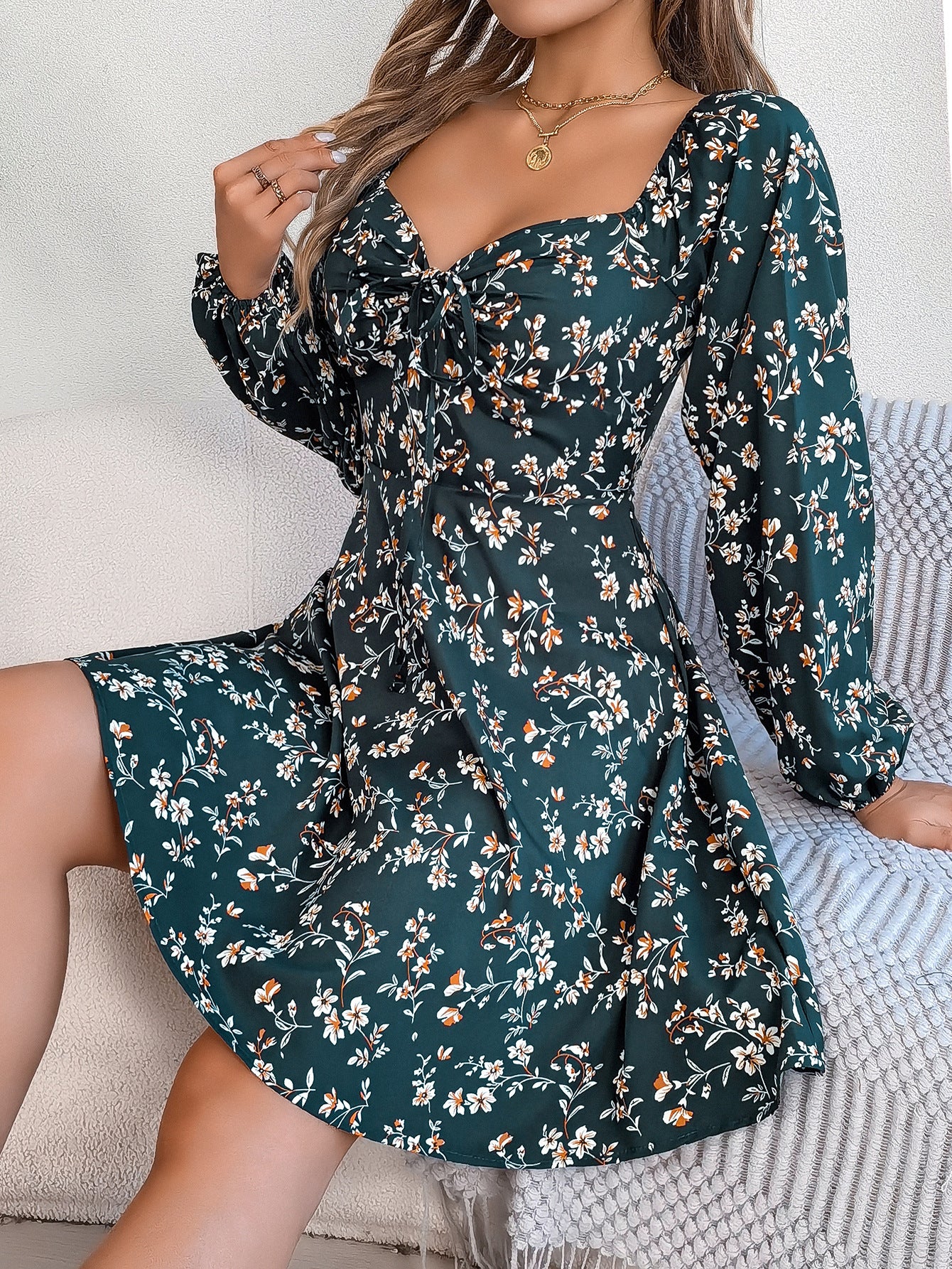 Fashion Floral Print Lantern Square Neck Long Sleeve A-Line Dress