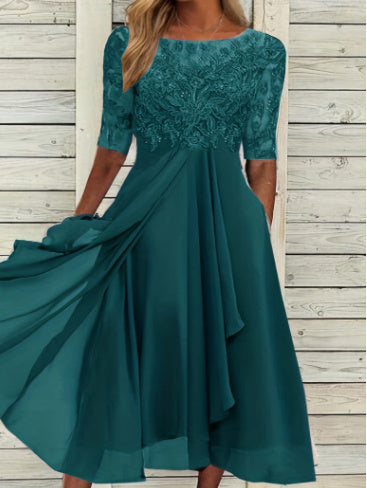 Chiffon Stitching Lace Hollow-out Dress Bridesmaid Evening Formal Midi Dress