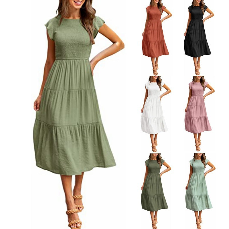 Holiday Style High Waist Ruffled Sleeve A-line Short Sleeve Midi Dress