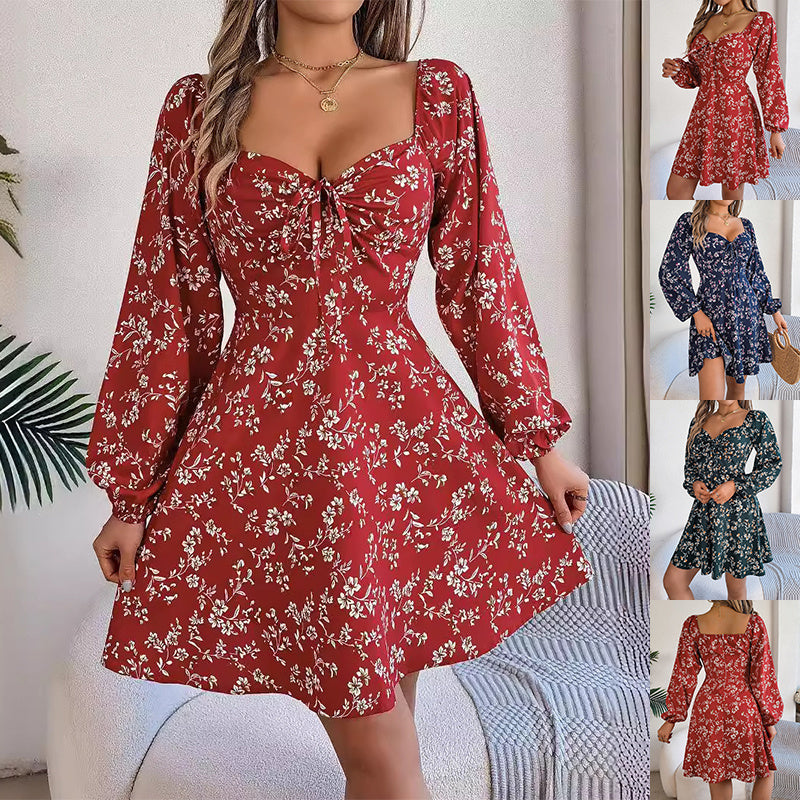 Fashion Floral Print Lantern Square Neck Long Sleeve A-Line Dress