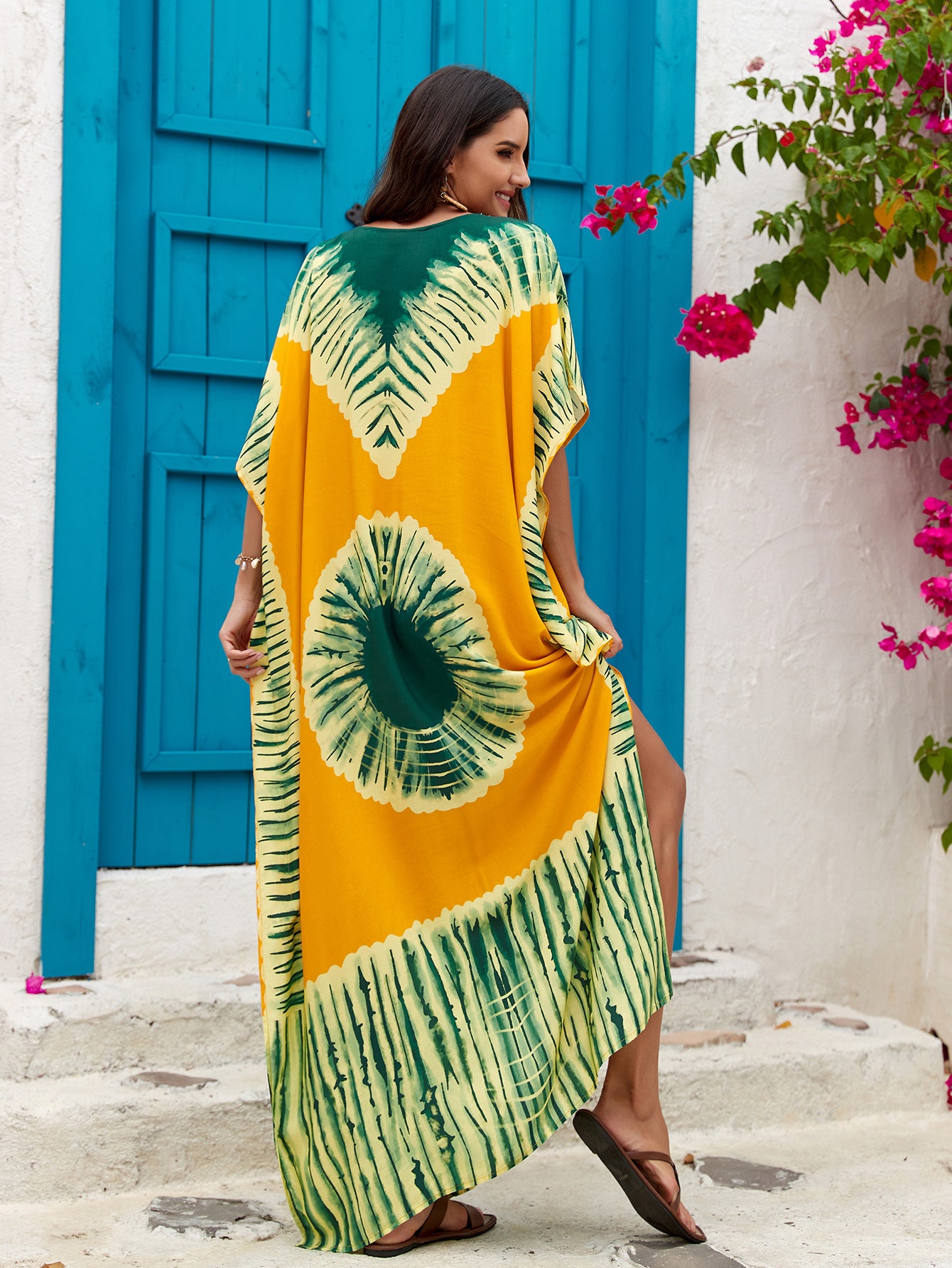 Rayon Printed V-neck Long Skirt Holiday Dress